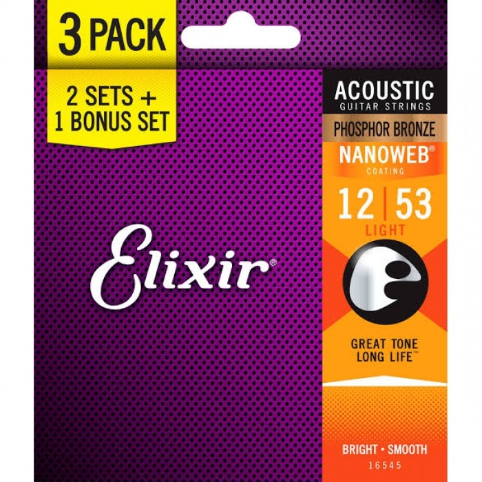 Elixir 16545 Nanoweb Phosphor Bronze 3'lü Akustik Gitar Teli (12-53)